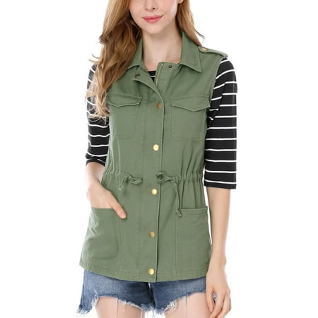 Women's Drawstring Utility Anorak Cargo Vest Jacket L Green