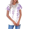 thumbnail image 2 of T-Shirt for Women Lace Hollow Out Neck Short Sleeve Wisteria Floral Graphic Print Relaxed Fit Elegant Casual Summer Top Fashion Clothes, 2 of 5