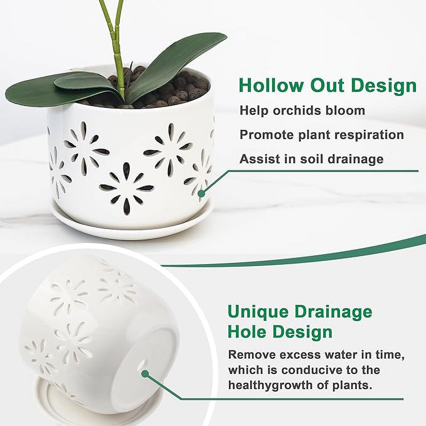 BUYMAX 5" & 6" Ceramic Orchid Pots with Holes and Trays, Blossom Geo Alabaster White, Set of 2