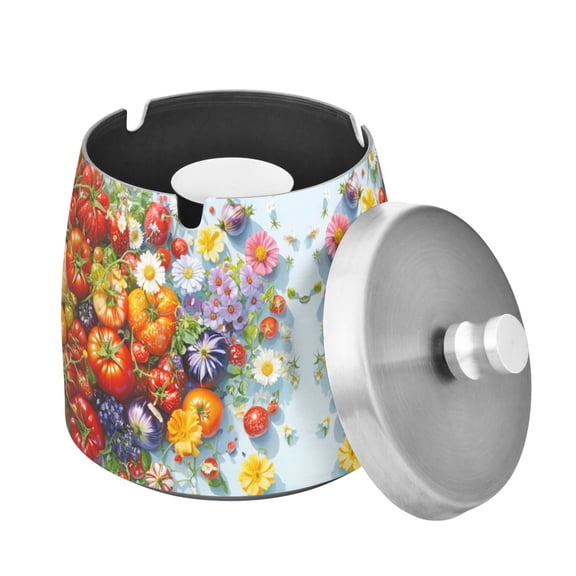 Yayeee Ashtray with Lid for Cigarette Smokeless Stainless Steel Home Ash Holder, Purple Floral Tomatoes