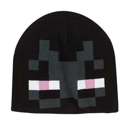 Minecraft Character Enderman Beanie Winter Knit Cap Hat Block Face Graphic Design w/ Eyes Cartoon Monster Creature Video Game Merchandise Black (One Size fits most)