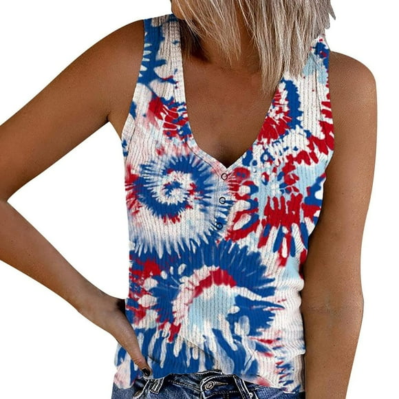 fartey Women's Plus Size Tank Top 4th of July American Flag Print Knit Vest Tees Tunic Sleeveless V Neck Button up Patriotic Blouse
