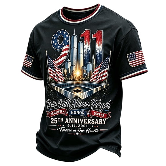 Domzest Men's Never Forget 911 Memorial T Shirts Short Sleeve 9/11 25th Anniversary Printed Shirt Never Forget American Flag Crew Neck Graphic Tops Blue XL
