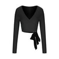 thumbnail image 6 of Fashion Olyvenn Women V Neck Tie Wrap Top Y2K Long Sleeve Cross Wrap Yoga Crop Top Slim Fit Tie Front Trendy Workout Shirt Black L, 6 of 8