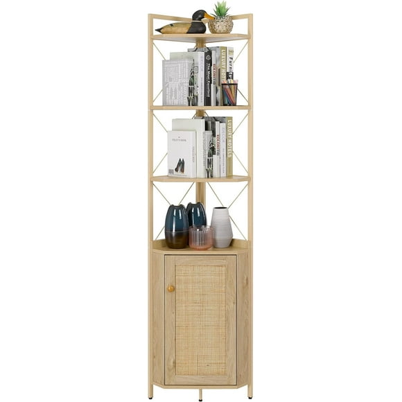 Corner Shelf with Cabinet, 71 Inches Multipurpose Corner Cabinet with Rattan Decorated Doors, Corner Storage Shelves for Bedroom, Living Room, Kitchen, Bathroom, Natural