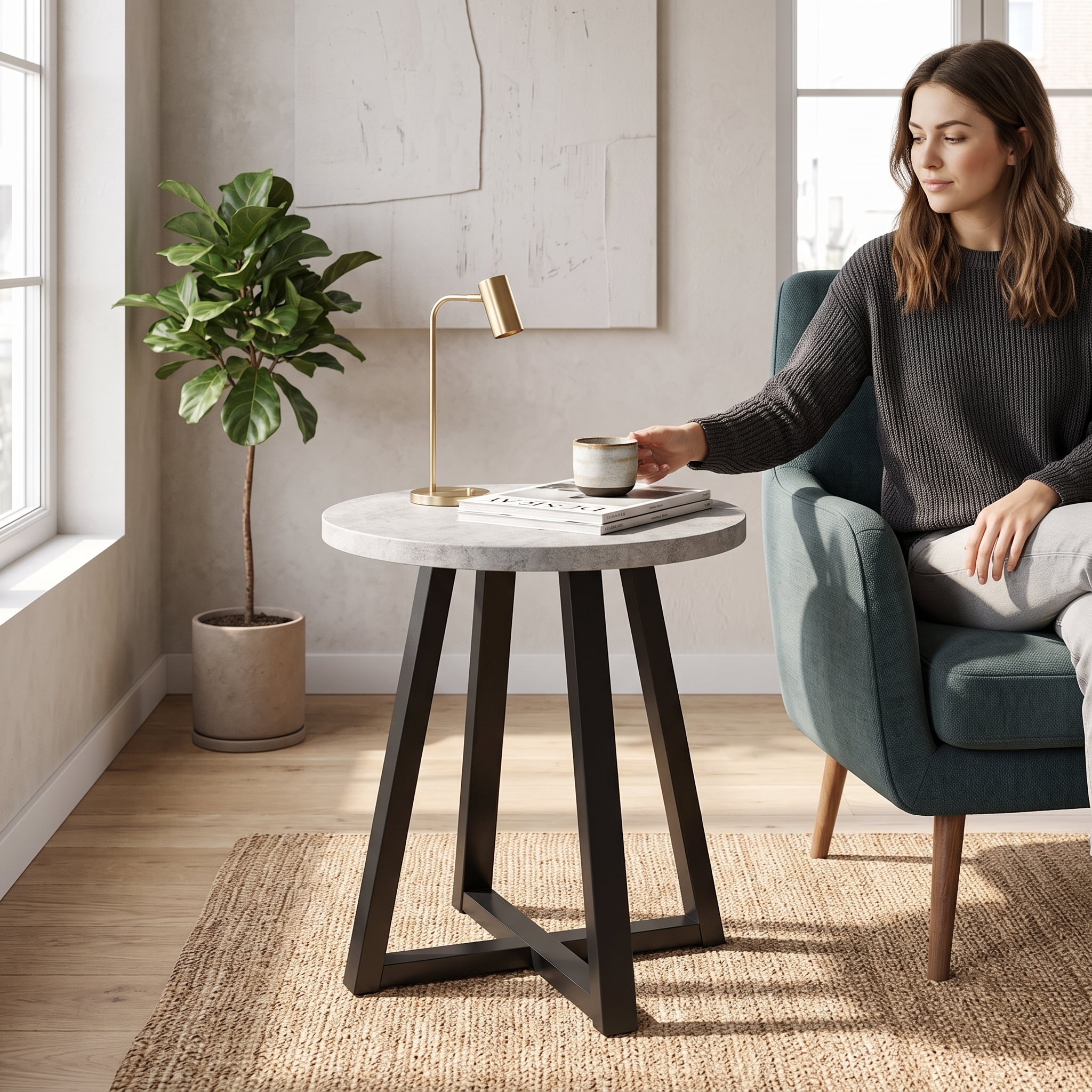 Modern Round Wood End Table, MDF Round Tabletop with Solid Rubberwood Legs 22×22×23 Inch Minimalist Side Table for Living Room Bedroom