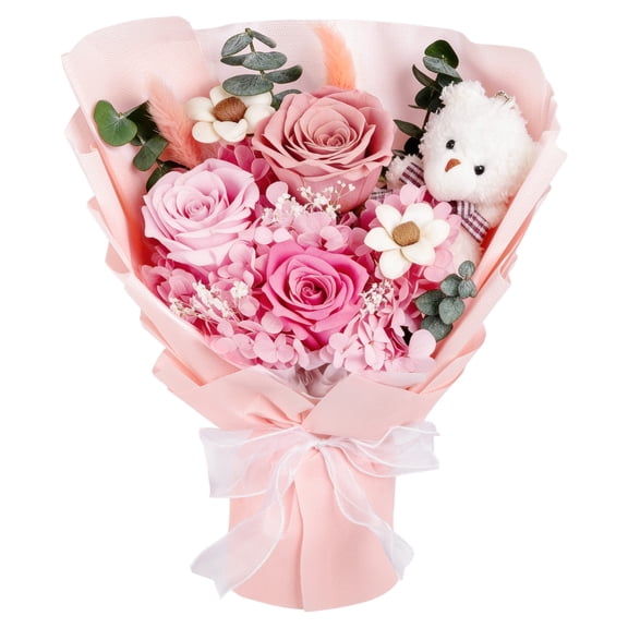 Preserved Flowers Bouquet with Bear, 3 Real Forever Flowers Preserved Rose, Long-Lasting Pink Eternal Roses Bouquet, Birthday, Valentine's Day, Mother's Day, Christmas Gifts for Women, Mother, Wife