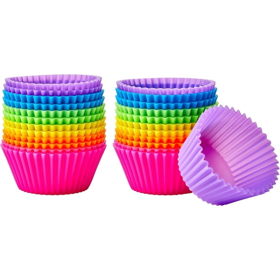 Reusable Silicone Baking Cups, Non-Stick, BPA Free, Dishwasher Safe, 2.9 x 2.9 x 1.3 in (LxWxH), Multicolor, Pack of 24