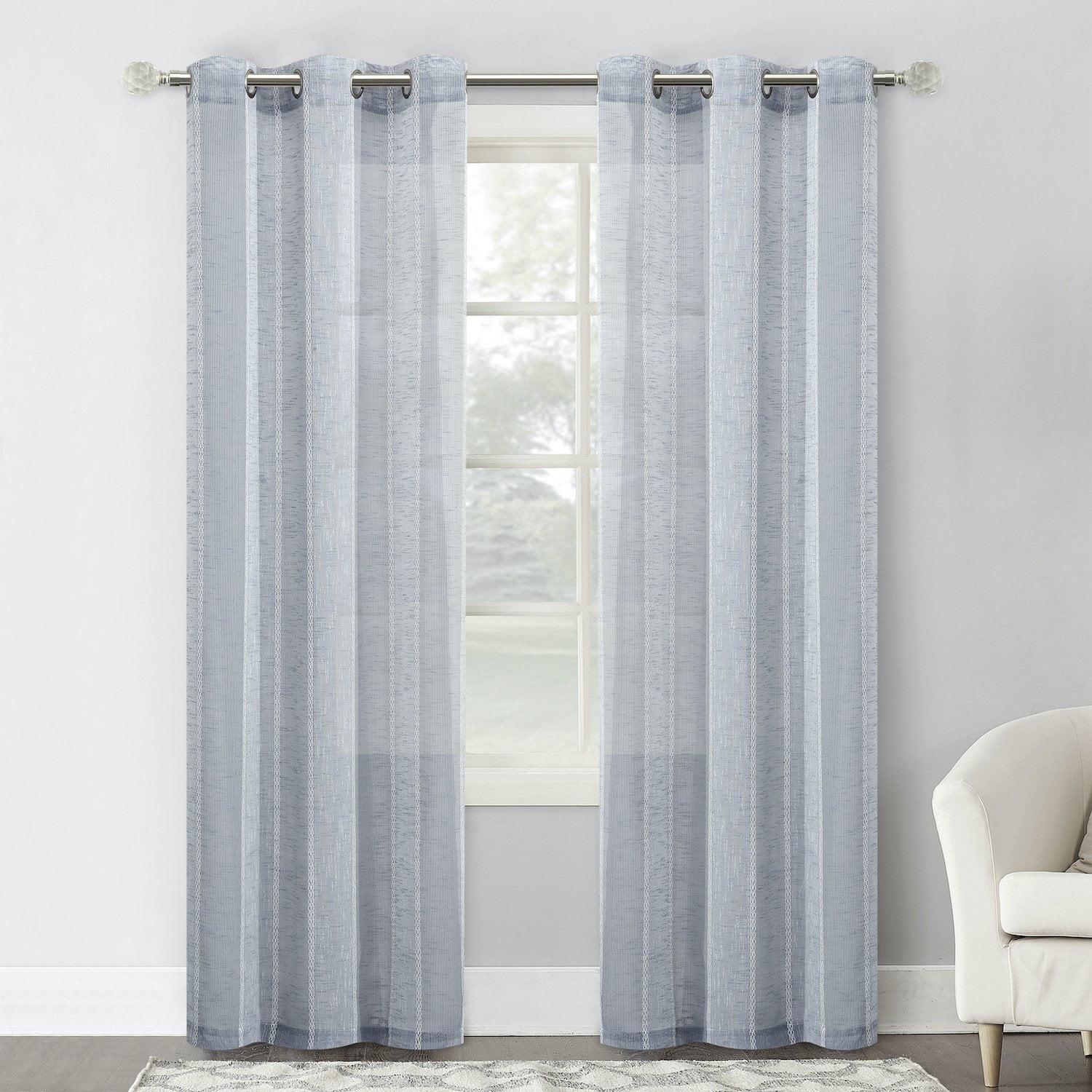 PALE GREY TEXTURED IVORY CHENILLE STRIPES THICK EYELET VOILE CURTAIN PANEL 