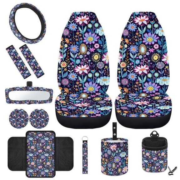 HUIACONG 12 Pcs Crushed Flower Interior Covers for Cars Front Car Seat Protector Steering Wheel Cover Car Seat Belt Pad Rearview Mirror Cover Cup Coasters All Season