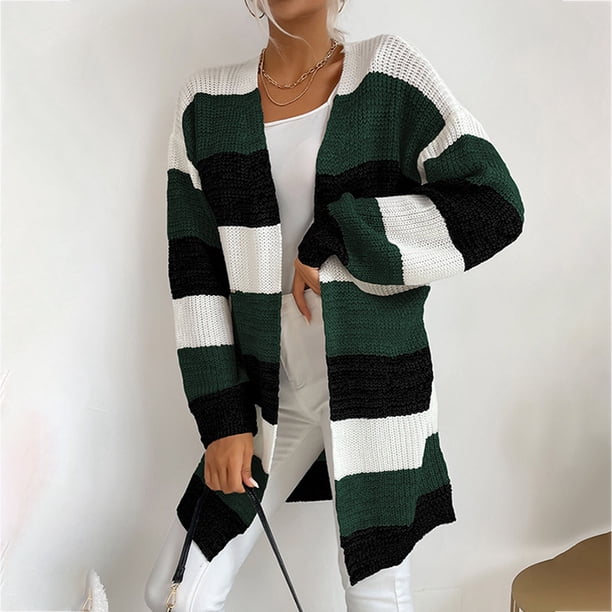 Cárdigan de mujer, nuevo abrigo informal de moda para otoño/invierno, largo medio, tejido a rayas, abrigo tipo cárdigan para mujer