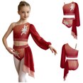 thumbnail image 3 of iiniim Girls Lyrical Dance Outfit One Shoulder Long Puff Sleeve Crop Top With Applique Asymmetrical Skirt Set Burgundy 10, 3 of 7