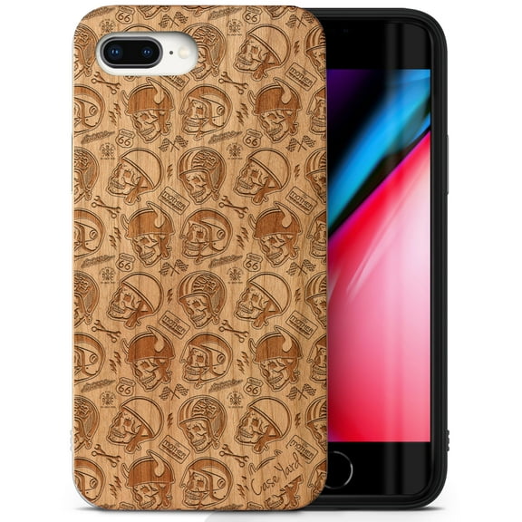 Case Yard Wooden Case Outside Soft TPU Silicone, Slim Fit Shockproof Wood Protective Phone Cover for Girls Boys Men and Women, Supports Wireless Charging Motor Skull Design case for iPhone-8-Plus