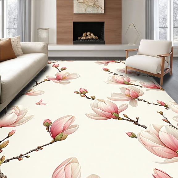 Flatwoven High Traffic Area Rug, Textured Magnolia Blossom Artistic Floral, Non Slip, Stain Resistant, Washable Area Rugs for Living Room, Bedroom(Pink, 4X6)
