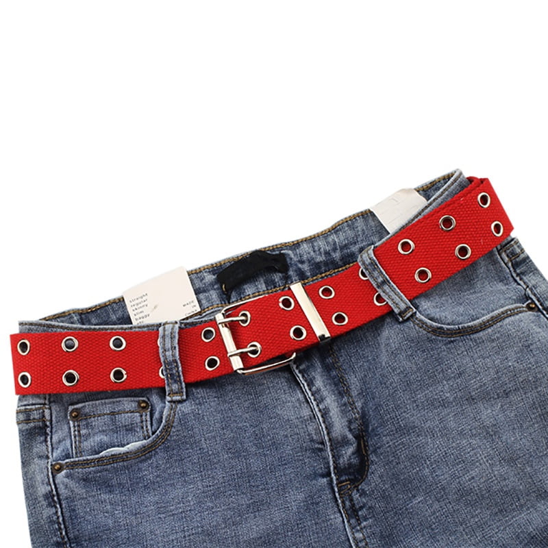 Unisex Canvas Double Grommet Holes Belt 2Row Studded Womens & Mens