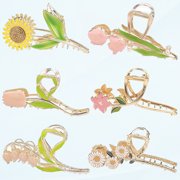 6 Pcs Tulip Hair Claw Clip Large Metal Sunflower Hair Claw Clips Non-Slip No Broken Hair Clamps Lily Flower Hair Hold Clip for Women Thin Hair and Thick Hair