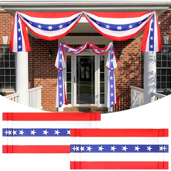Guvpev 2 Pack Large Patriotic Bunting 2.5 x 20 FT, American Flag Bunting Banner for Outside, Red White & Blue Stars Stripes Swag Drape for Porch Fence, 4th of July, 250th Anniversary Decorations