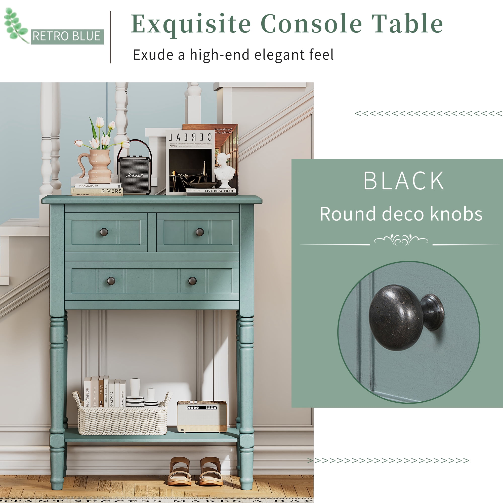 Harper & Bright Designs Narrow Console Table with Storage Drawers and Bottom Shelf for Entryway Living Room, Retro Console Table for Small Space, Light Blue