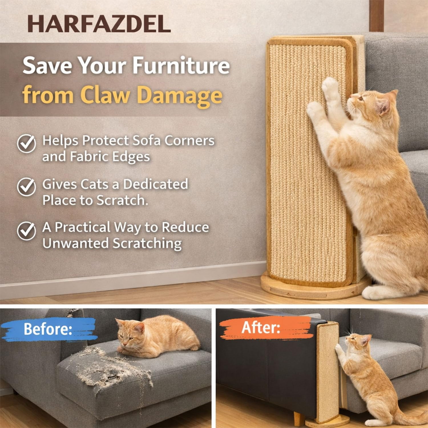 Couch Corner Cat Scratcher – Sisal Furniture Protector Pad for Couch Corner, Space Saving Scratching Board for Indoor Cats, Durable Home Pet Accessory