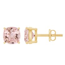 Rosec Jewels Cushion Cut Morganite Solitaire Stud Earrings for Women - 6 mm - AAA Quality, 10K Yellow Gold