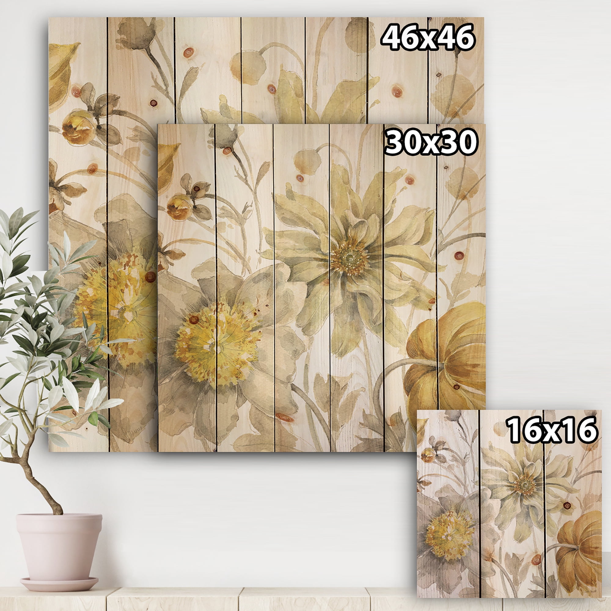 Designart 'Fields of Gold Watercolor Flower V' Traditional Print on Natural Pine Wood