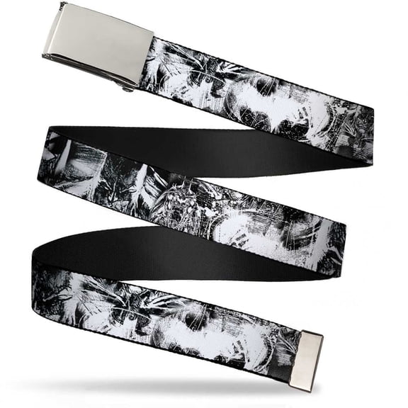 Adjustable Belt, Clamp Buckle, Cut-to-Fit, Batman Poses Bat Shield Sketch White Black