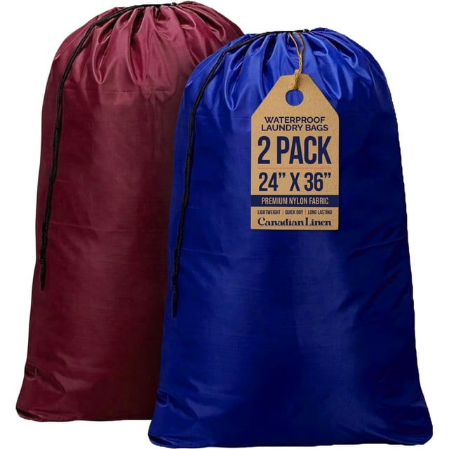 Canadian Linen Nylon Laundry Bags, 24"x36", 2 Pack, Drawstring Clothes Organizer Waterproof Fabric Durable Storage Bag Hamper, Blue + Red