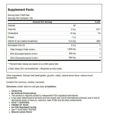 Carlson Labs Elite Omega-3 Fish Oil Gems Softgels, 1250 Mg, 240 Ct