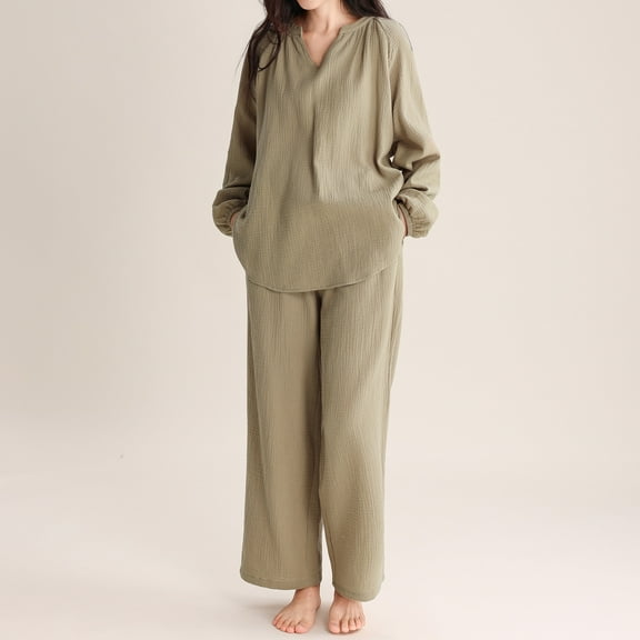 Weiqiqre Pajama Set for Women Spring Summer V Neck Button Up Short Long Sleeve Pullover Pajamas Suit Set