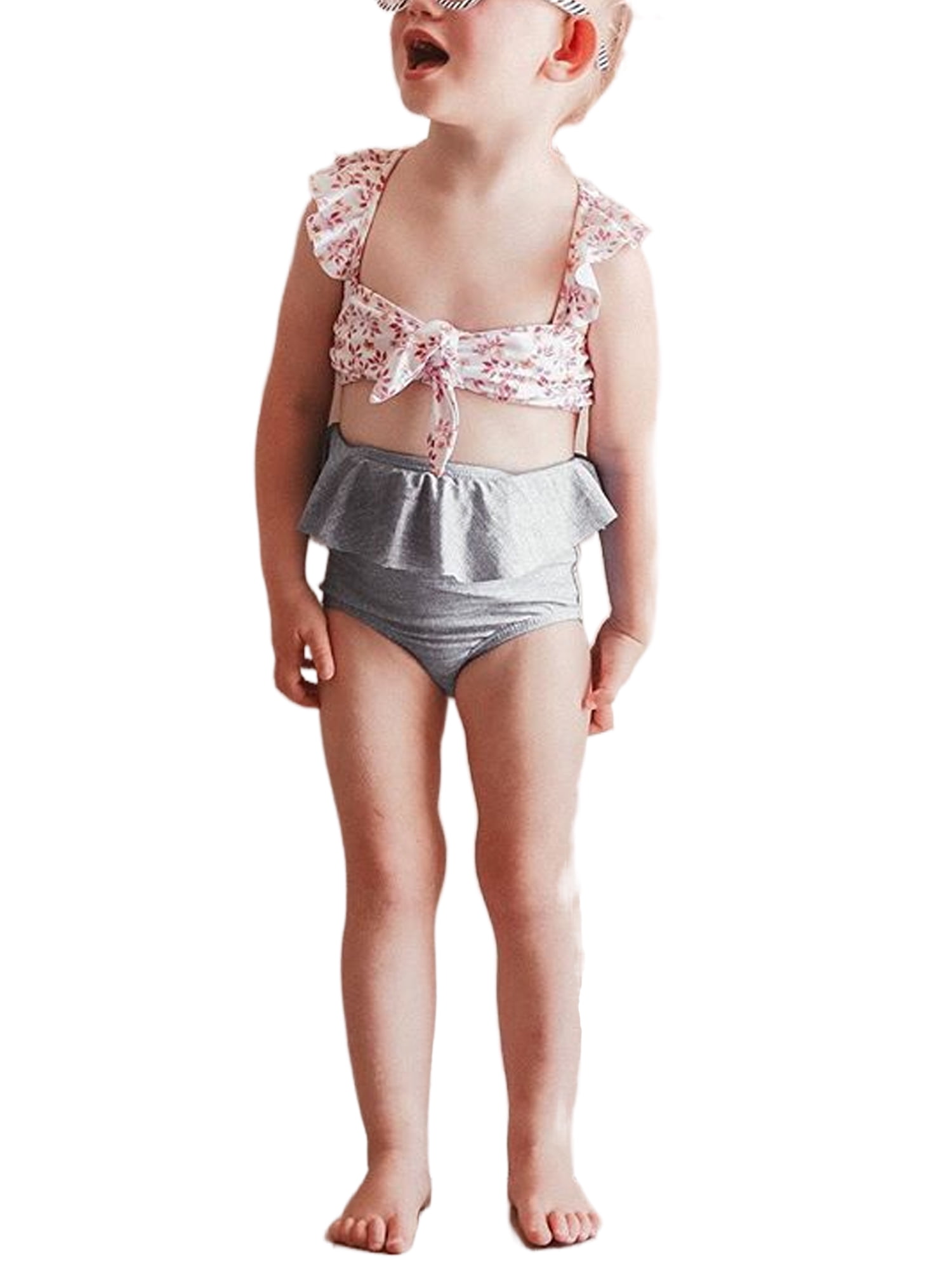 2Pcs Set Toddler Baby Girl Swimsuit Floral Leopard Ruffle Swimwear Bikini Tankini Sunsuit 3-4T