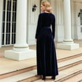 thumbnail image 6 of Women'S Elegant Velvet Belted Pleated Long Sleeve Party Formal Wedding Guest A-Line Maxi Long Dress Dark Blue M, 6 of 7