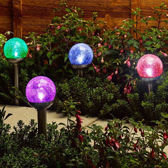 Solar Pathway Lights Crackle Glass Globe Solar Lights Outdoor Color Changing Stainless Steel Solar Garden Lights, Set of 4