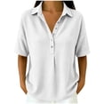 thumbnail image 2 of Naotn Summer Shirts for Women Fashion Casual Loose Fit Solid Color Snap Button Lapel Neck Short Sleeve Tops Trendy Vacation Beach Blouses, 2 of 7