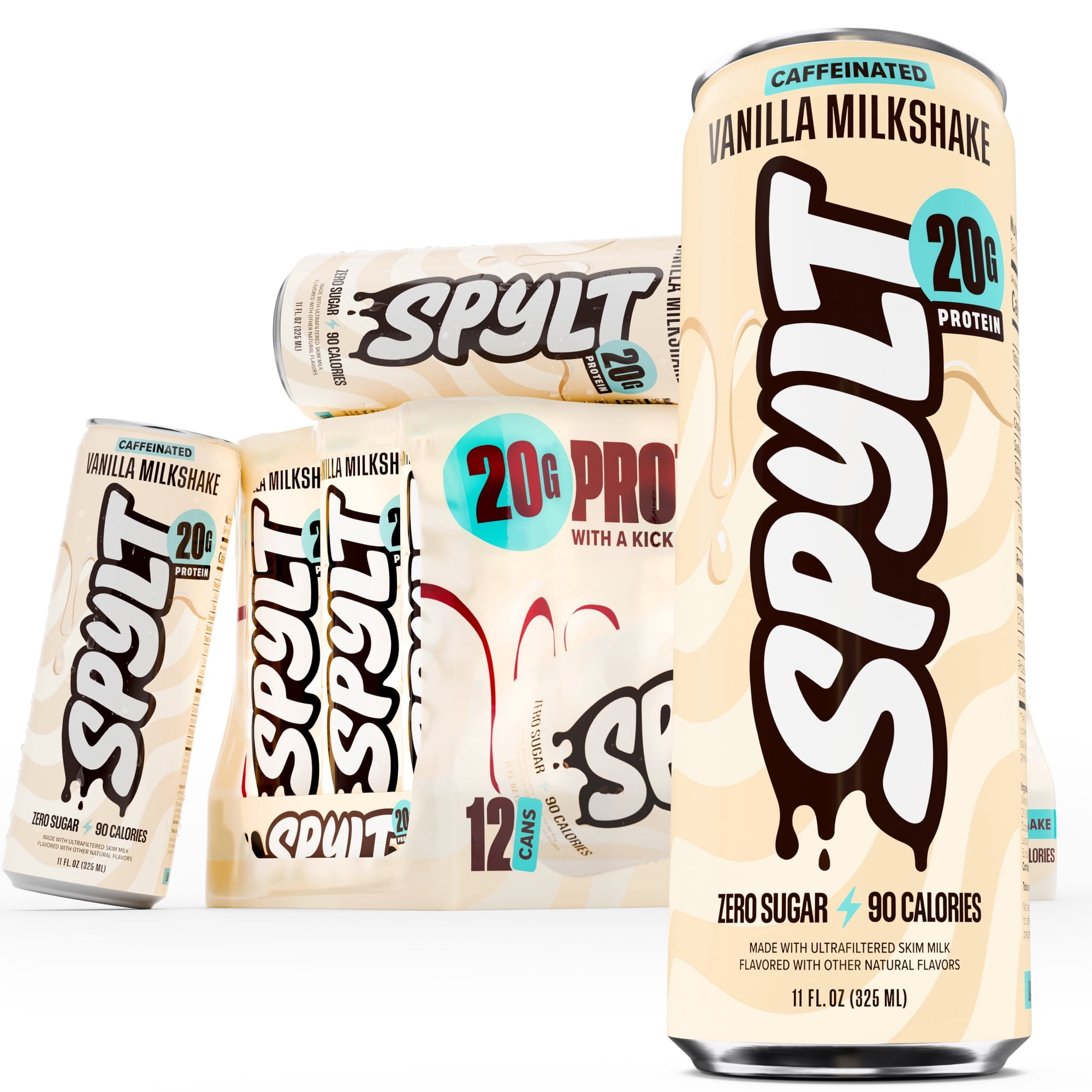 SPYLT High Protein Milk, Vanilla Milkshake, 20g Protein, 60mg Caffeine, Sugar Free, 11 fl oz, 12 Cans