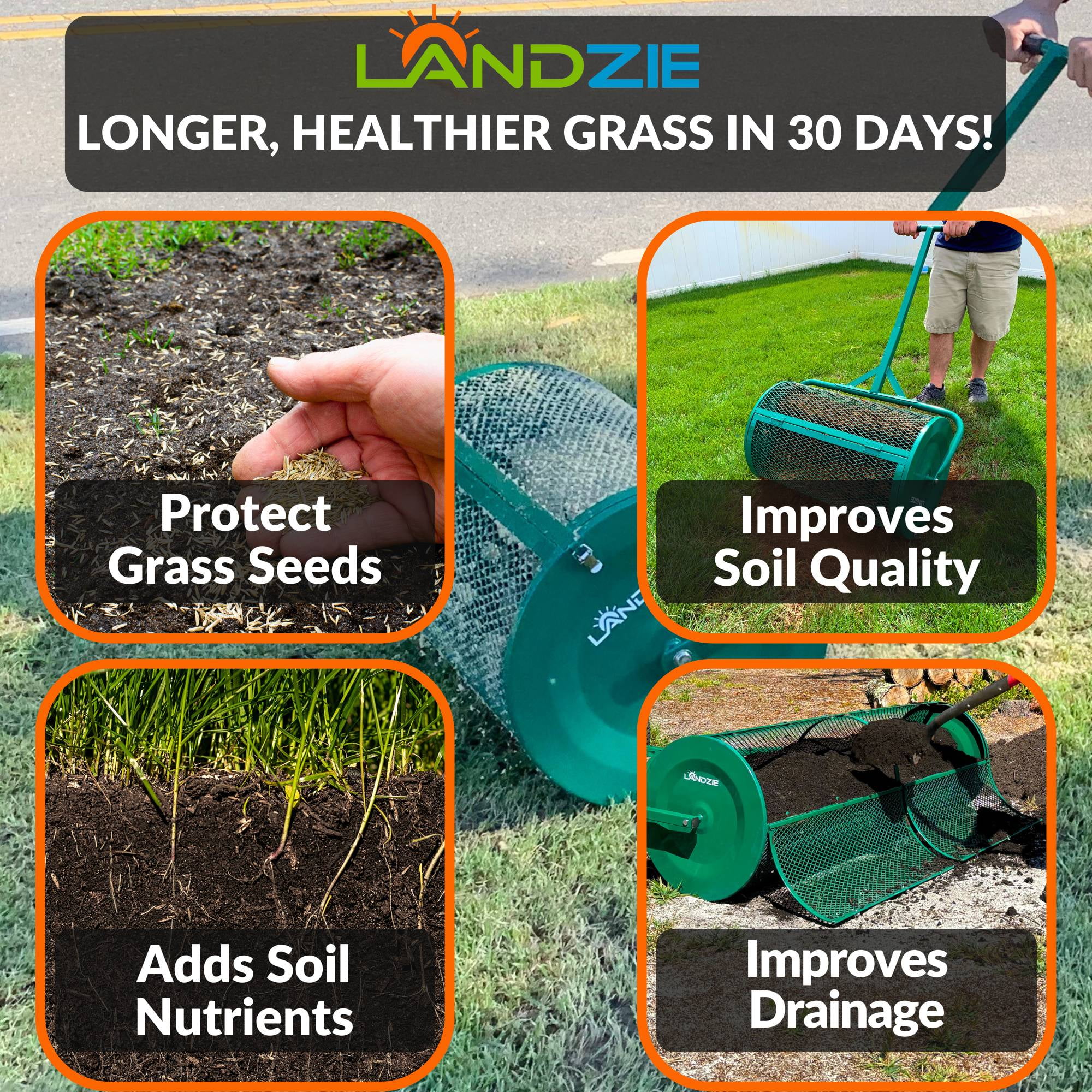 Landzie Spreader & Weeder Lawn & Garden Care Set - 24" Compost & Peat Moss Spreader w/ 44" Long Steel Stand up Manual Weeder - Easily Weed Grass & Apply Compost, Peat Moss, Topsoil, Sand