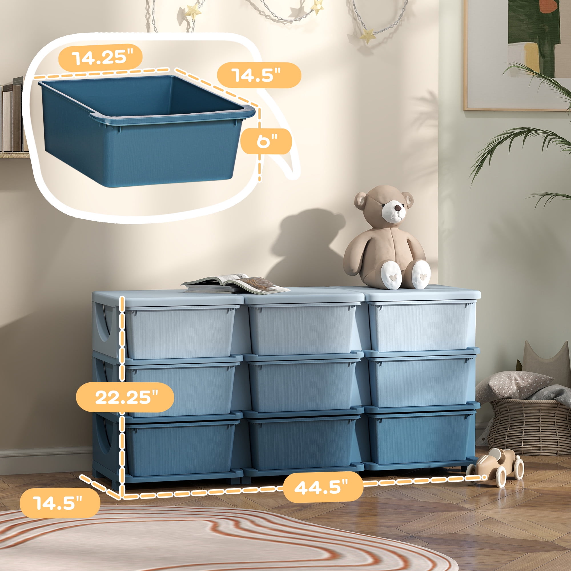 Blue 3-Tier Kids Storage Unit - 9-Drawer Toy Organizer with Removable Bins for Nursery & Playroom Five