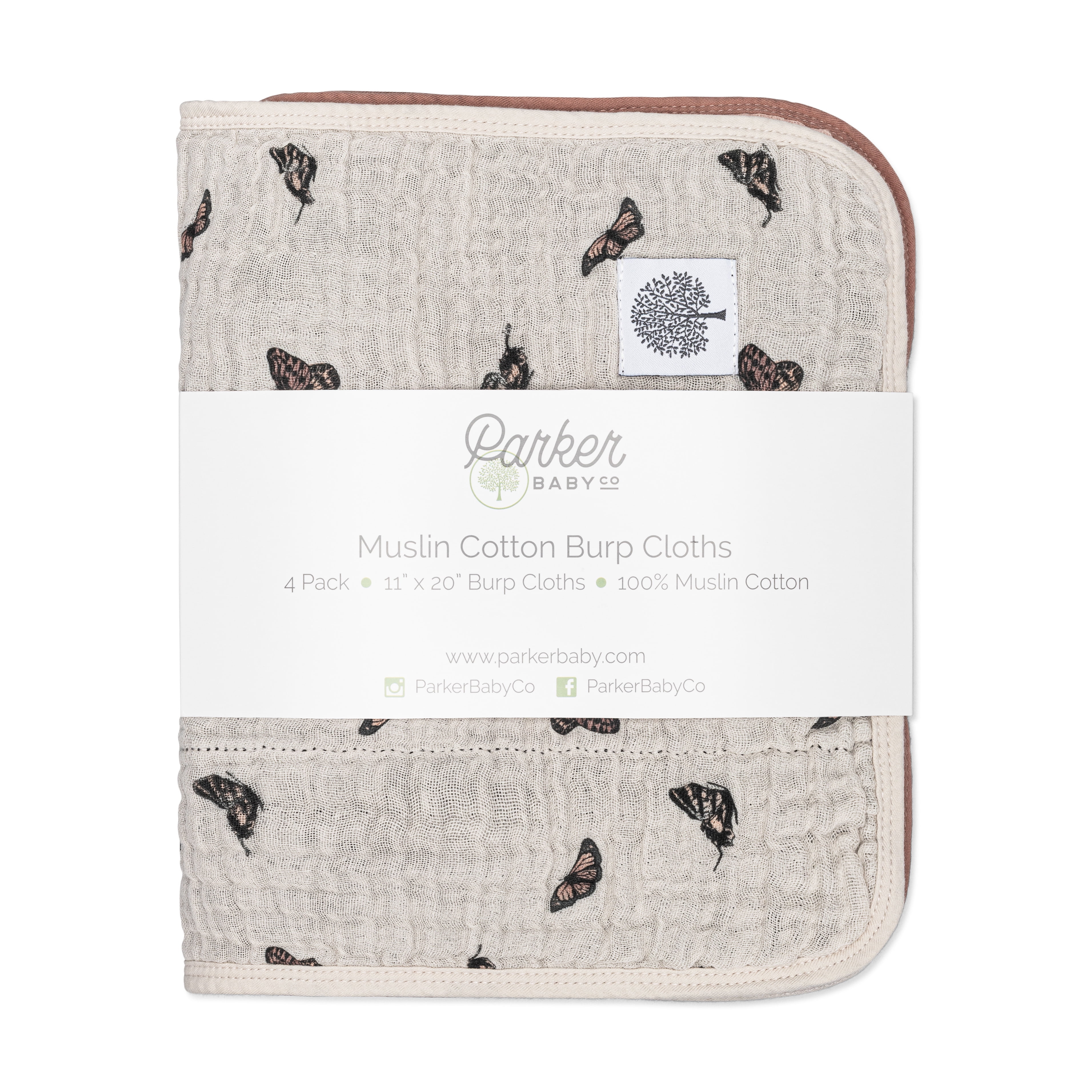Parker Baby Co. Muslin Burp Cloths, 100% Cotton, Large, Soft & Absorbent Baby Burp Cloths for Girls, Butterfly Set, 4 Pack