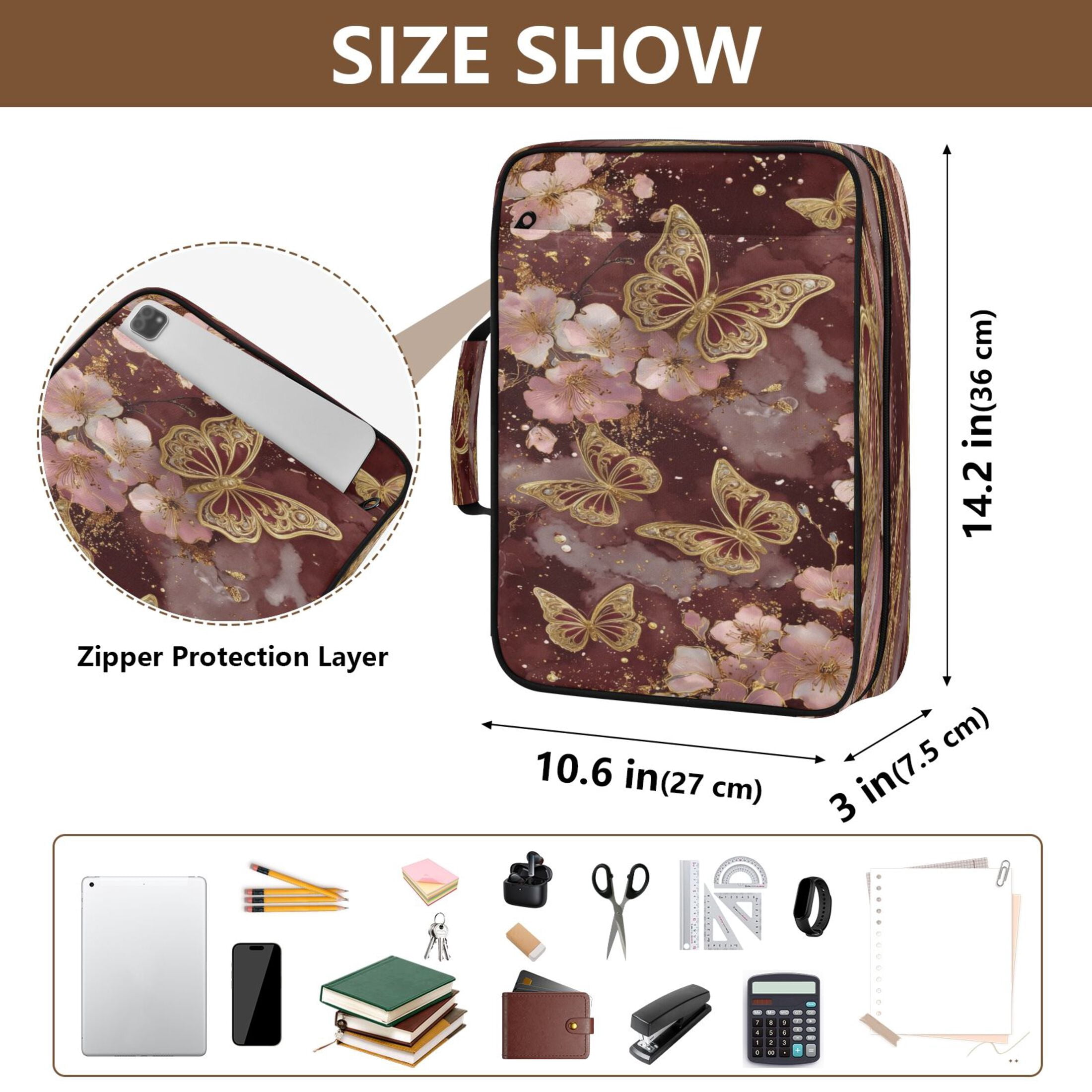 BZSMCE Golden Butterfly Bloom Pattern Water-Resistant Filing Folder Binder Organizer Keeper 1.2 Inch 3-Ring 7-Pocket Expanding File