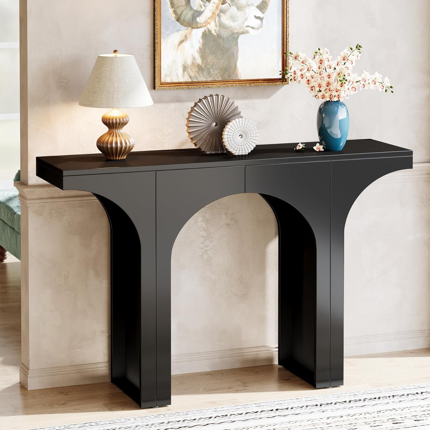 Finmind 47" Modern Hallway Console Table, Arch Base, Wood Entryway Table, Black