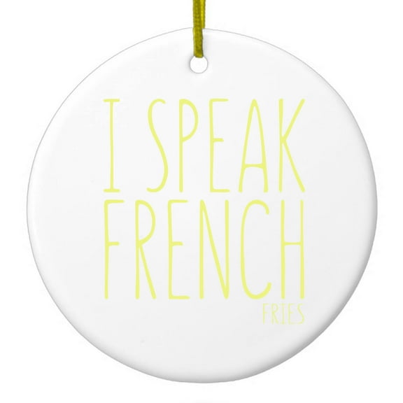 DistinctInk Hanging Ceramic Christmass Tree Ornament with Gold String - Great Gift / Present - 2 3/4 inch diameter - I Speak French