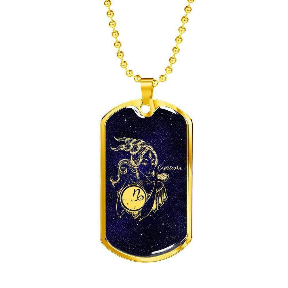 Black and Gold Zodiac Capricorn on Round Brass Pendent with 24 Brass Ball Chain