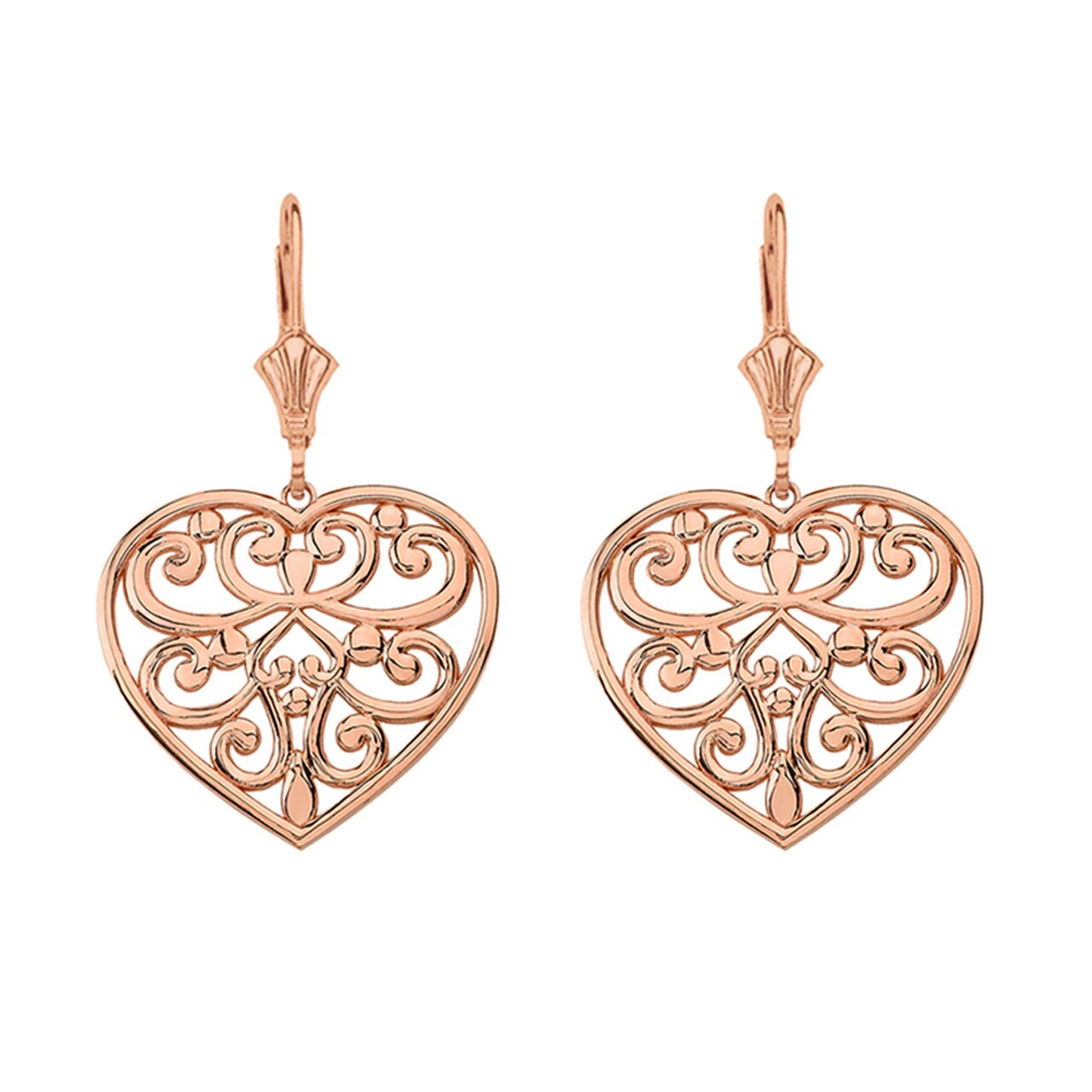 14K SOLID ROSE GOLD FILIGREE HEART DROP EARRING SET