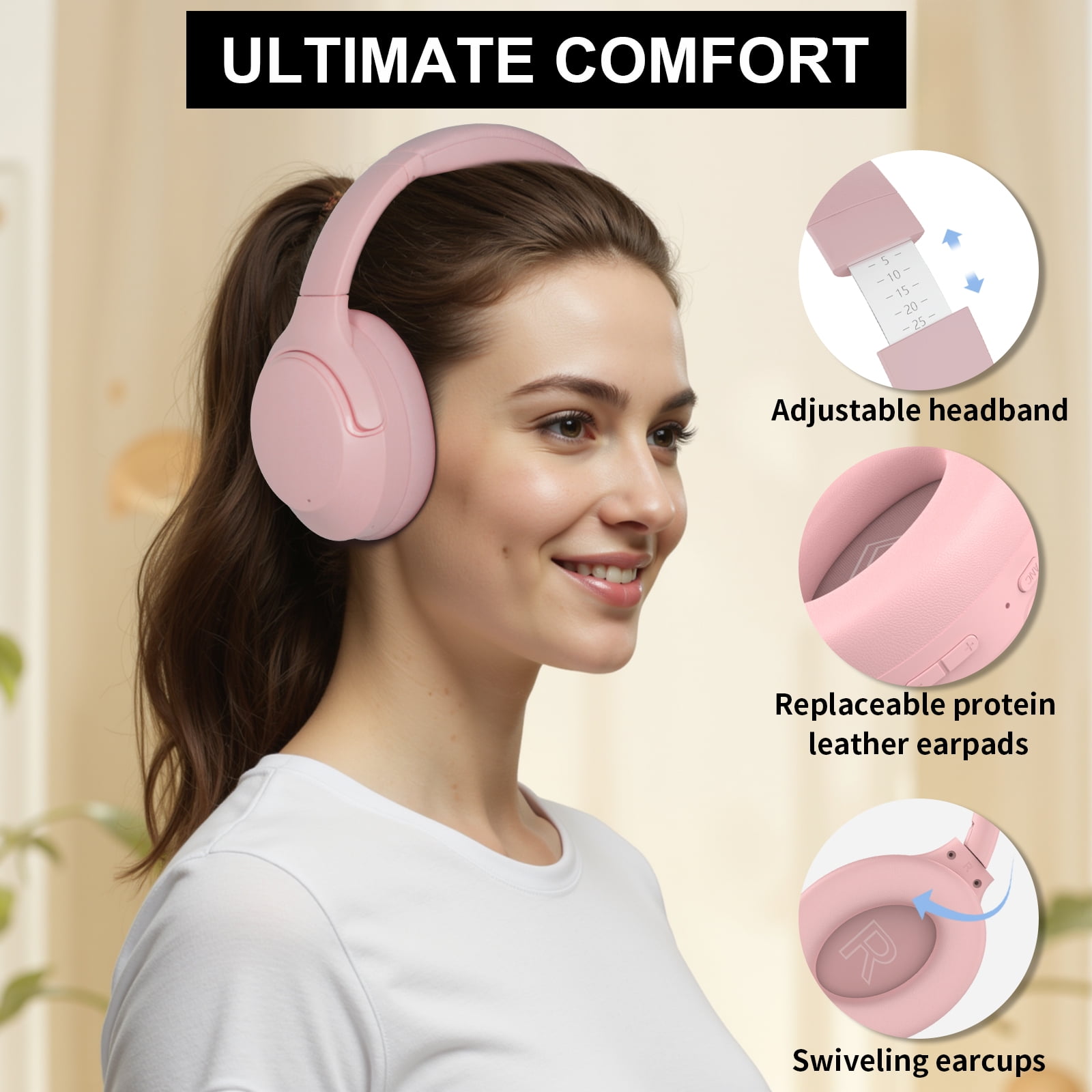 FOFUN NC50 Hybrid Active Noise Cancelling Headphones Wireless Bluetooth 6.0 with Plush Cat Ears, Foldable Over Ear Headphones, Custom EQ via App, 65 Hours Playtime, Low Latency Game Mode