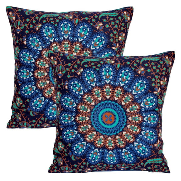 Stylo Culture Indian Sofa Throw Pillow Covers 16x16 Peacock Eye Printed Dark Blue Green Traditional 40 x 40 cm Home Decor Cotton Mandala Square Cushion Covers | Set Of 2