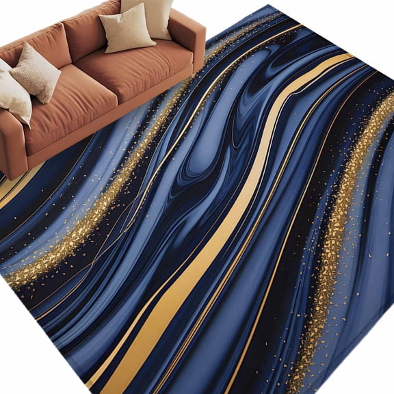 8x10 Area Rugs for Living Room, Marble Non Slip Area Rugs for Kitchen Bedroom Entryway, Navy Blue Modern Abstract Gold Gradual Art Washable Carpet Runner Rug Floor Mats for Bedroom Home Decor