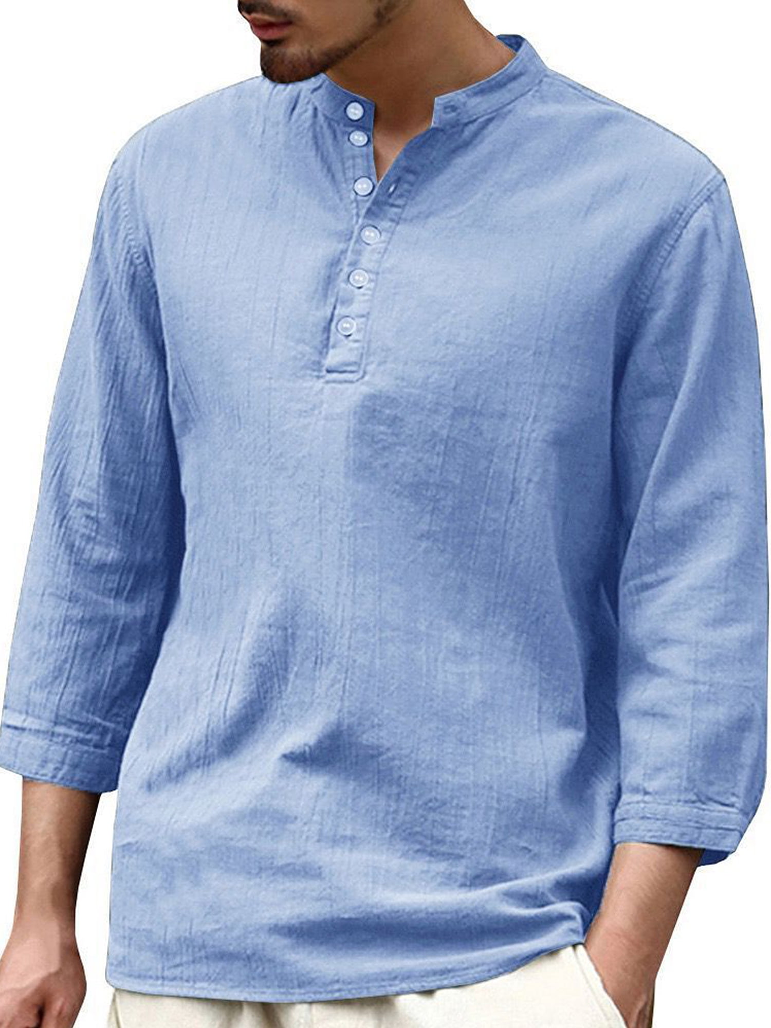 Mens Linen Shirts Casual 3/4 Sleeve Henley Cotton T-Shirt Loose Fit Summer Clothes Lightweight Beach Yoga Tops 