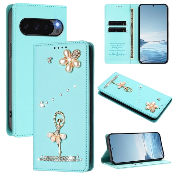 Leather For Google Pixel 9 / Pixel 9 Pro Case 【RFID Blocking】Ballet Girl Flip Wallet Leather Case With Card Holder Magnetic Closure Phone Cases Cover,Green