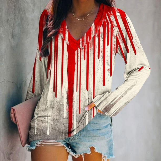Ailaofu Ladies Long Sleeve Halloween and Christmas Decorative Basic V-Neck Casual Shirt Fashion Tops