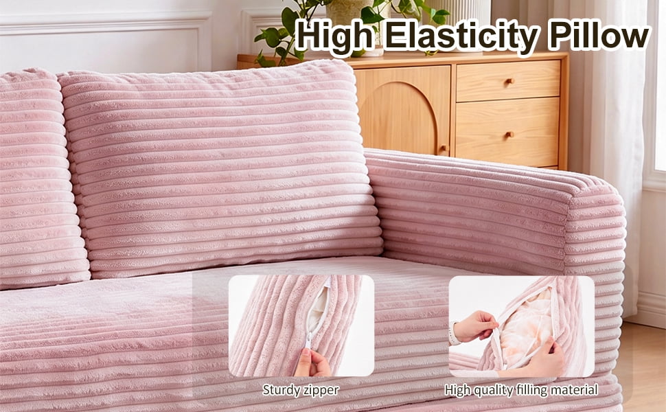 55" Convertible Futon Sofa Bed,Folding Boneless Couch with Sleeper Sofa,Fold Out Floor Sofa with Deep Seat,Cloud Corduroy Foldable Mattress Couch for Living Room,Pink