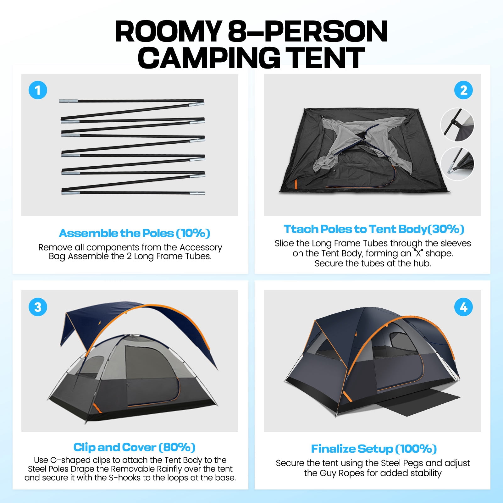 HOTEEL 6-8-10 Person Camping Tents with Rainfly, Tent for Camping with Pockets, Waterproof Camp Tent with Mesh Windows, Family Camping Tent For Traveling Hiking, Dark Blue